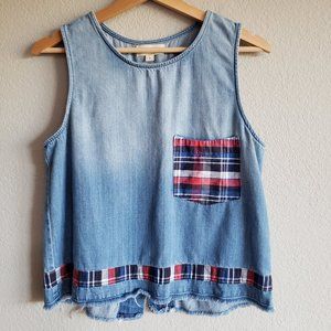 Cloth & Stone Chambray Plaid Split Back Tank Top